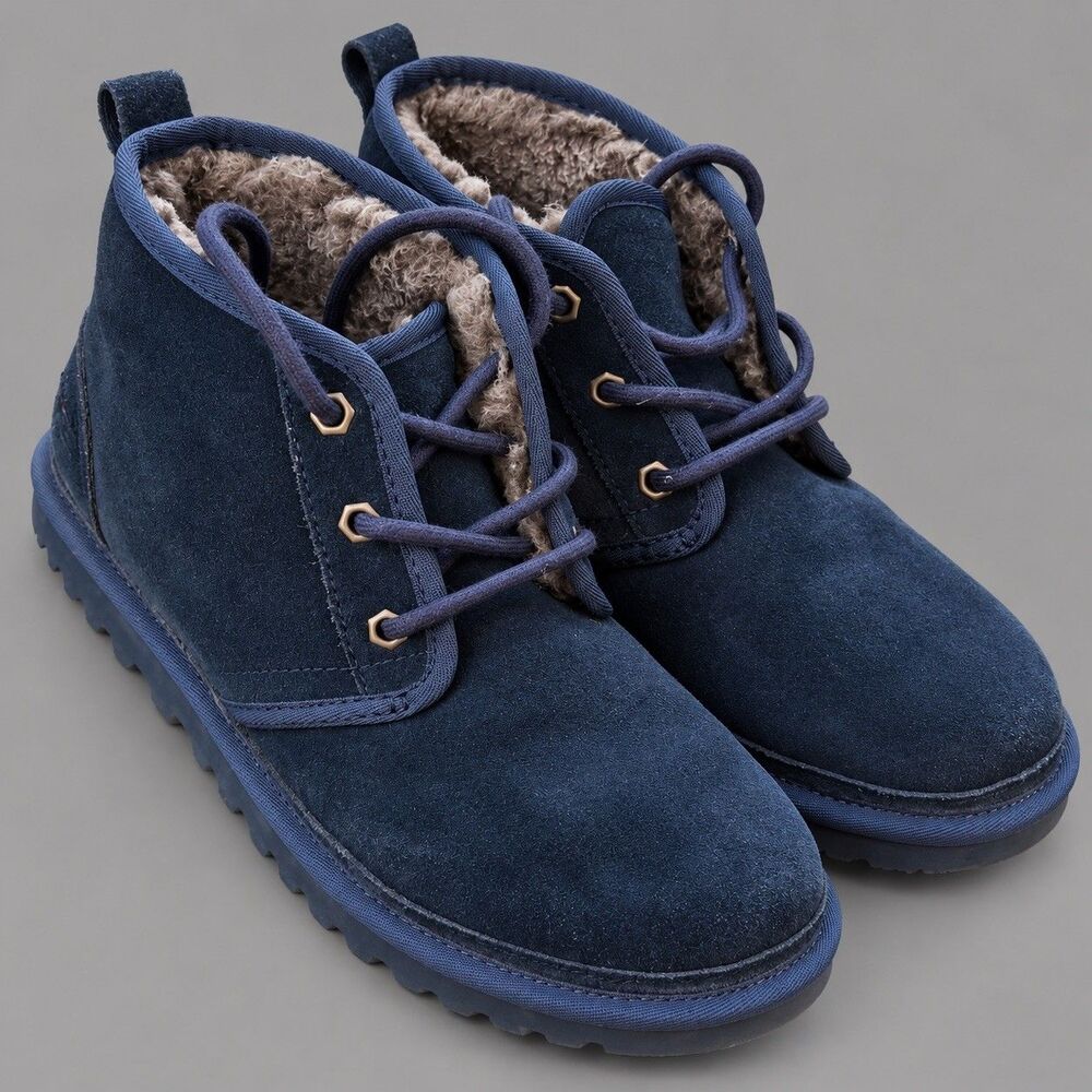 UGG Neumel Men 8 Navy Blue Suede Chukka Lace Up Sheepskin Boots 3236